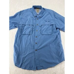 LL Bean Fishing Shirt Mens M Short Sleeve Blue Vented Mesh Utility Pockets